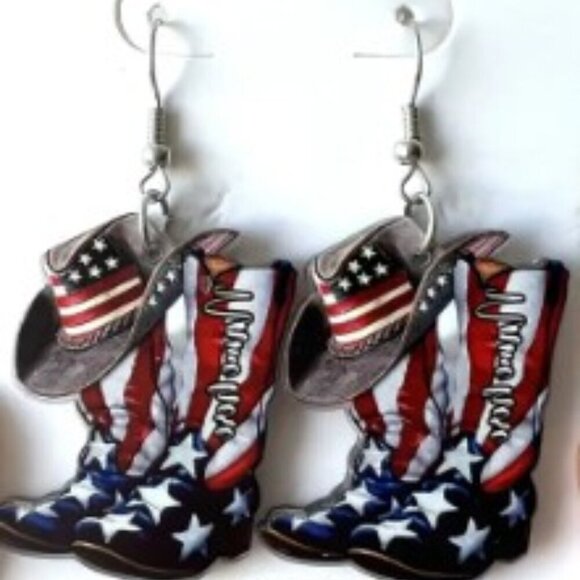 USA Patriotic Flag Boots Acrylic Earrings Women Festival Fashion Holiday Bling - Picture 1 of 5